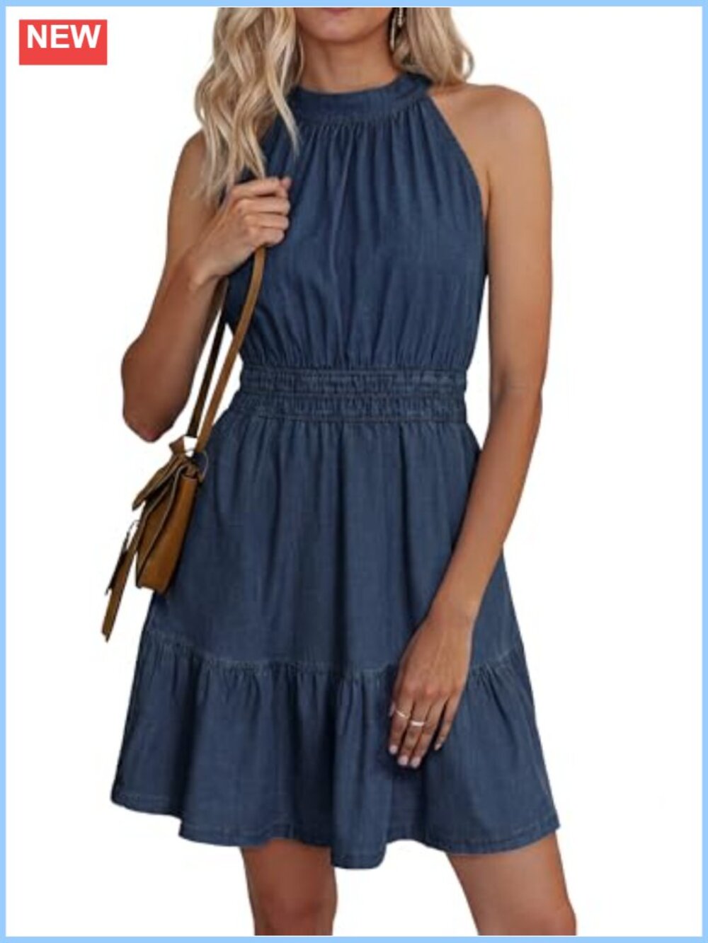 Halter Denim Dress Summer A-Line Casual Boho Mini Dress with Pockets
